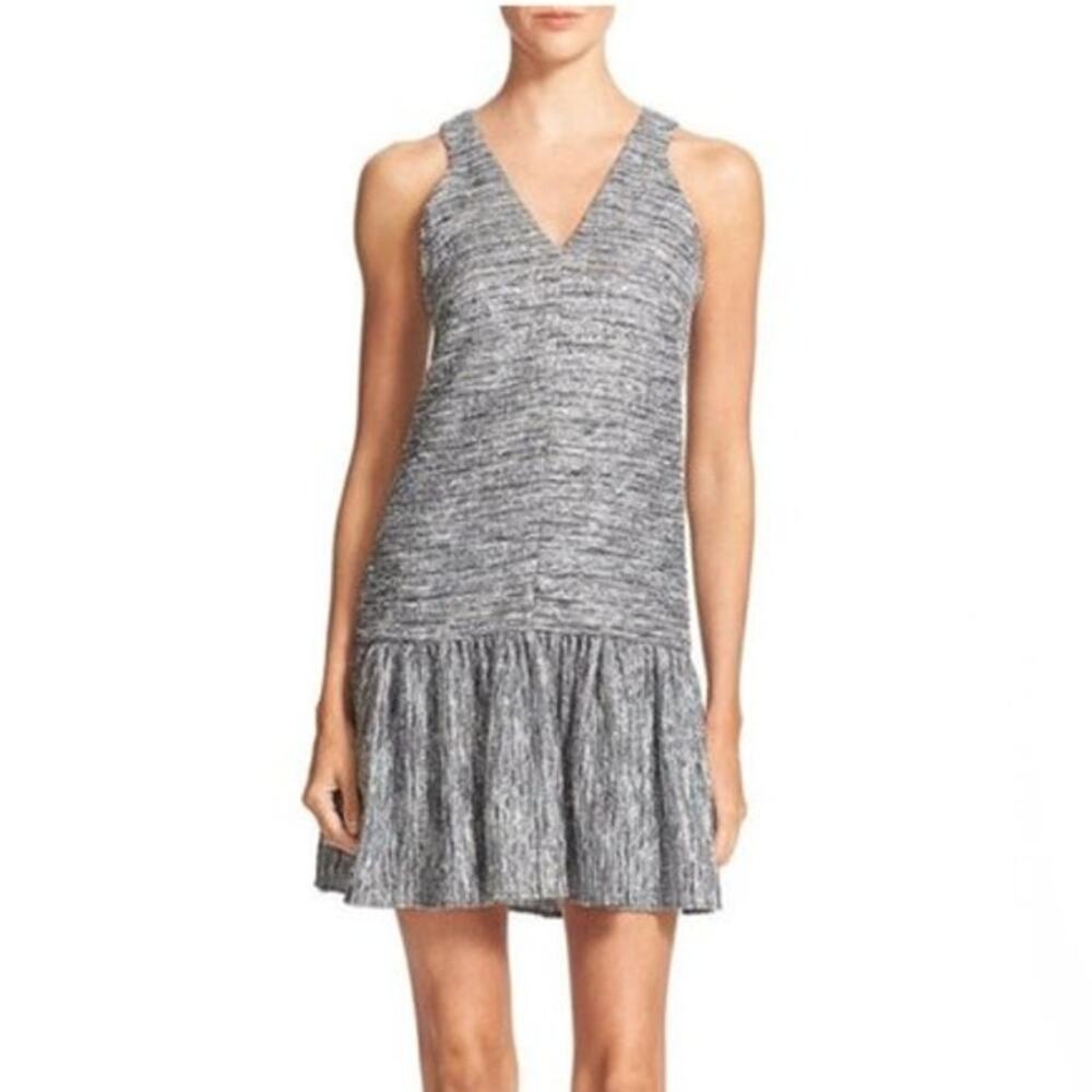 Hunter Bell Lilla Metallic Tweed Drop Waist Mini Dress V-Neck Sleeveless Ruffle